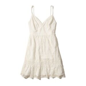 Hollister Ruffle Hem Off White Lace‎ Mini V-Neck Strappy Lined Dress Size M NWT